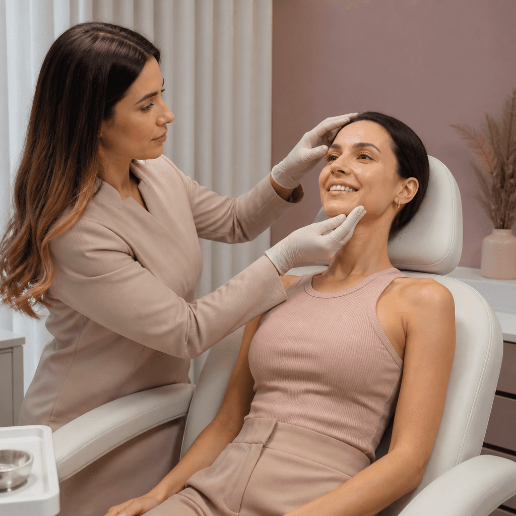 Profissional realiza avaliação facial para tratamentos com Botox contra sorriso gengival e bruxismo.