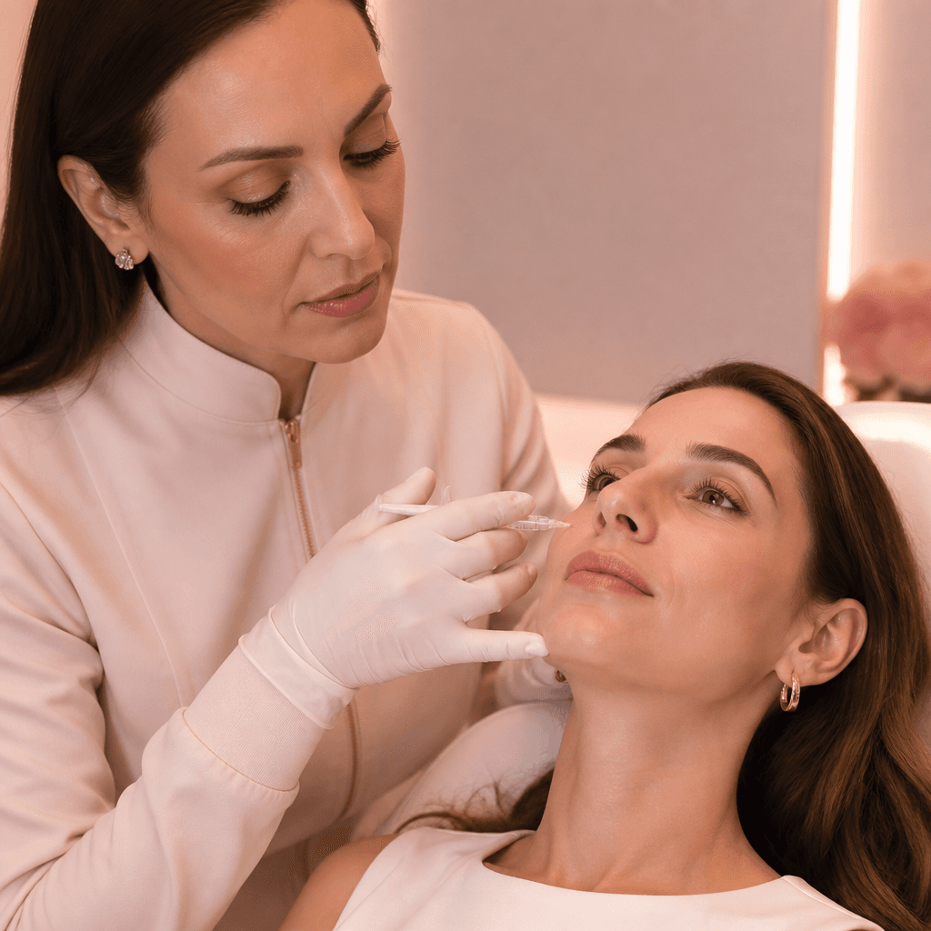 Profissional realiza procedimento facial individualizado em clínica sofisticada.