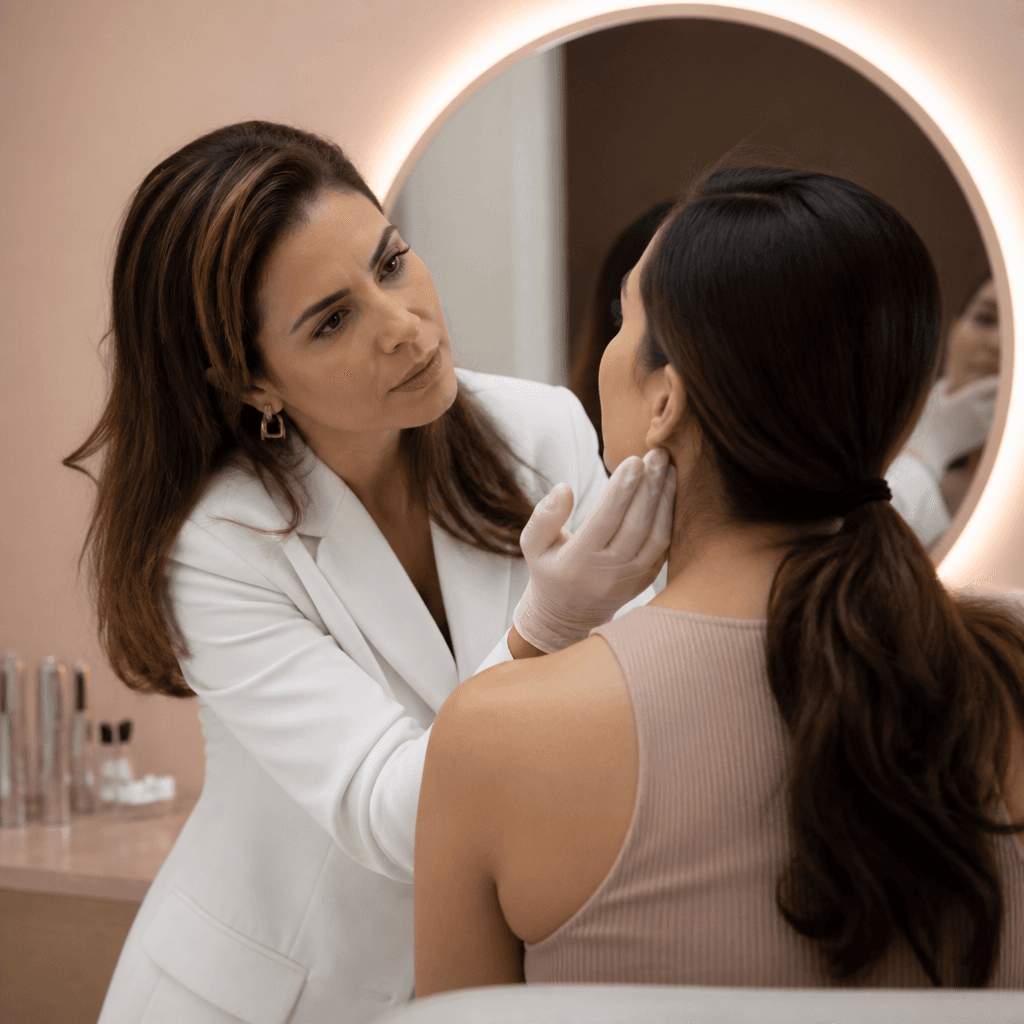 Avaliação facial para skinbooster e preenchimentos em clínica sofisticada.